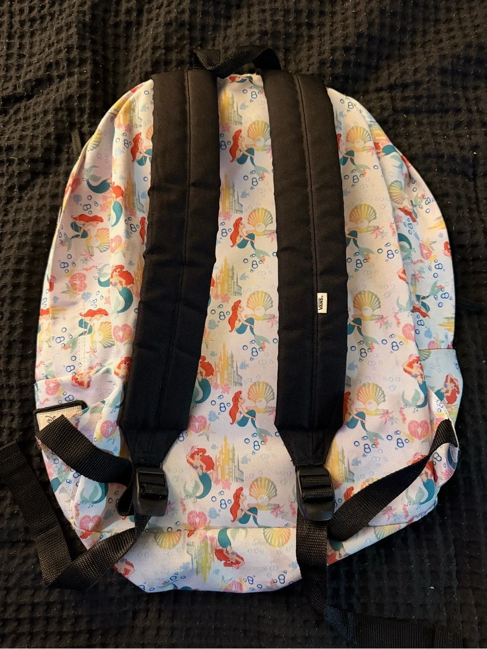 Vans White Backpack with Red, Teal and Pastel Mermaid Print